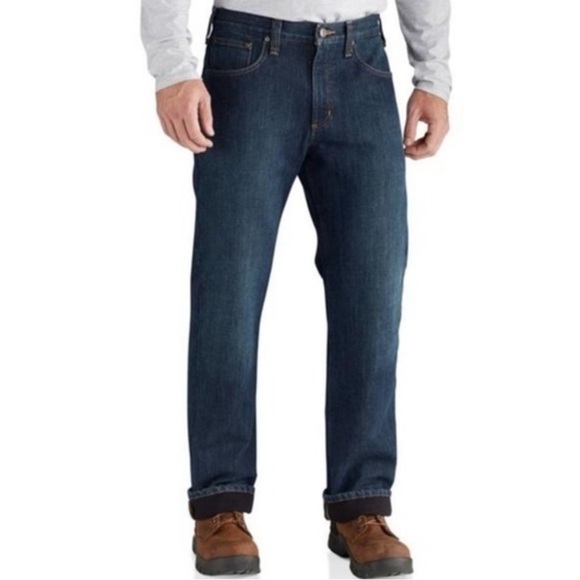 Carhartt Men’s Flannel Lined Jeans Relaxed Fit 44x32 Work Pants Blue Denim VGC - Picture 1 of 10